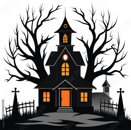Spooky Farmhouse With Dry Leafless Trees