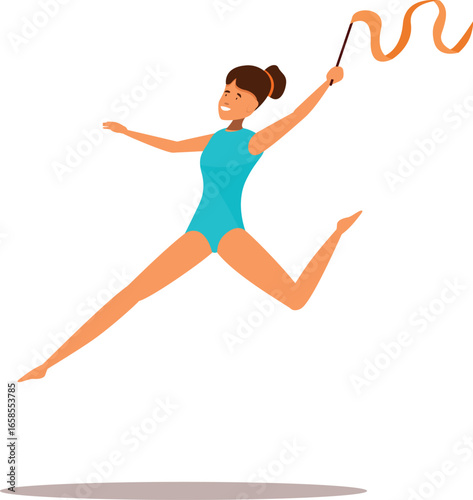 Rhythmic gymnast leaping gracefully while twirling a ribbon, showcasing athleticism and artistry