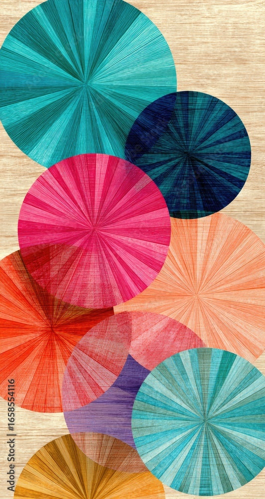 Naklejka premium Overlapping vibrant sunburst circles on a beige background
