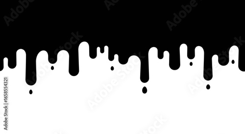 Abstract black liquid dripping seamlessly on a transparent background, perfect for design borders and overlays.