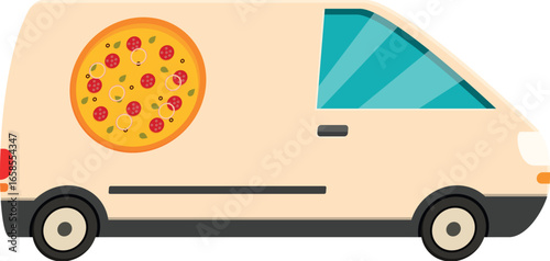 Side view of a pizza delivery van transporting hot food