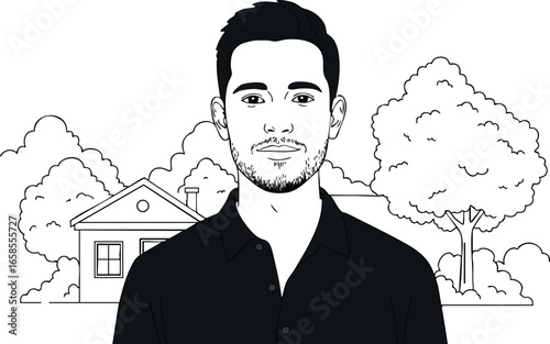 Young man portrait with house and trees background line art vector illustration 