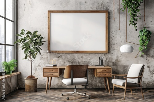 Mockup frame in home office interior background, mid-century modern style in loft, 3d render