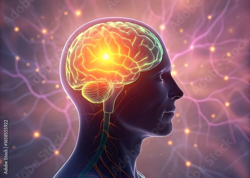 Glowing brain with neural network, representing intelligence, consciousness, and cognitive function, symbolizing the power of the human mind and its potential for learning and innovation