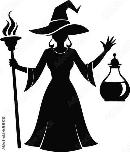 Witch Holding Broom And Potion Bottle