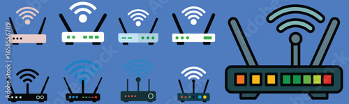 Collection of Wireless Routers with Signal Waves on Blue Background wifi router internet modem
