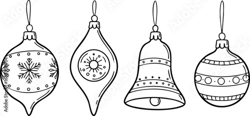 Christmas hanging ornament vector set with bell and sphere shapes festive decoration 