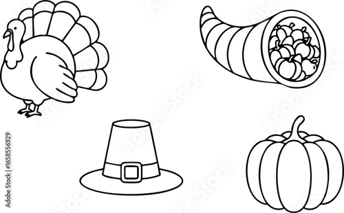 Thanksgiving turkey pilgrim hat pumpkin and cornucopia vector illustration set 