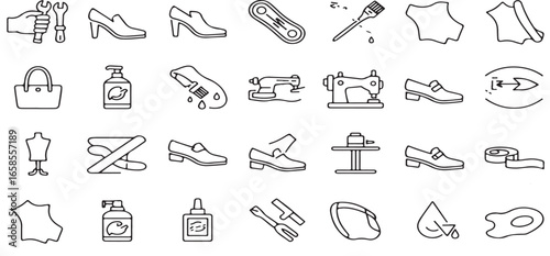 "Leather and shoe repair service icon set showing restoration, customization, and maintenance tools. Includes footwear care, bag repair, handcraft, buckles, and leathercraft processes in vector illust