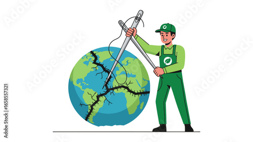 Global Restoration: Man Sews Up Cracked Earth, Symbolizing Environmental Repair