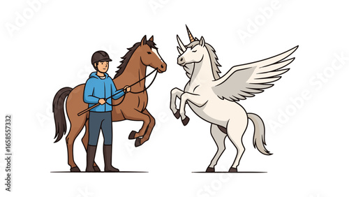 Rider with Brown Horse Encounters Rearing Winged Unicorn