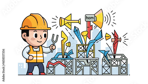 Construction Worker Calibrating Sound Frequencies and Broadcast Signals