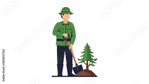 Forestry Worker Planting Sapling with Shovel - Flat Illustration