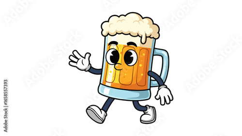 Happy Cartoon Beer Mug Character Walking Isolated on White