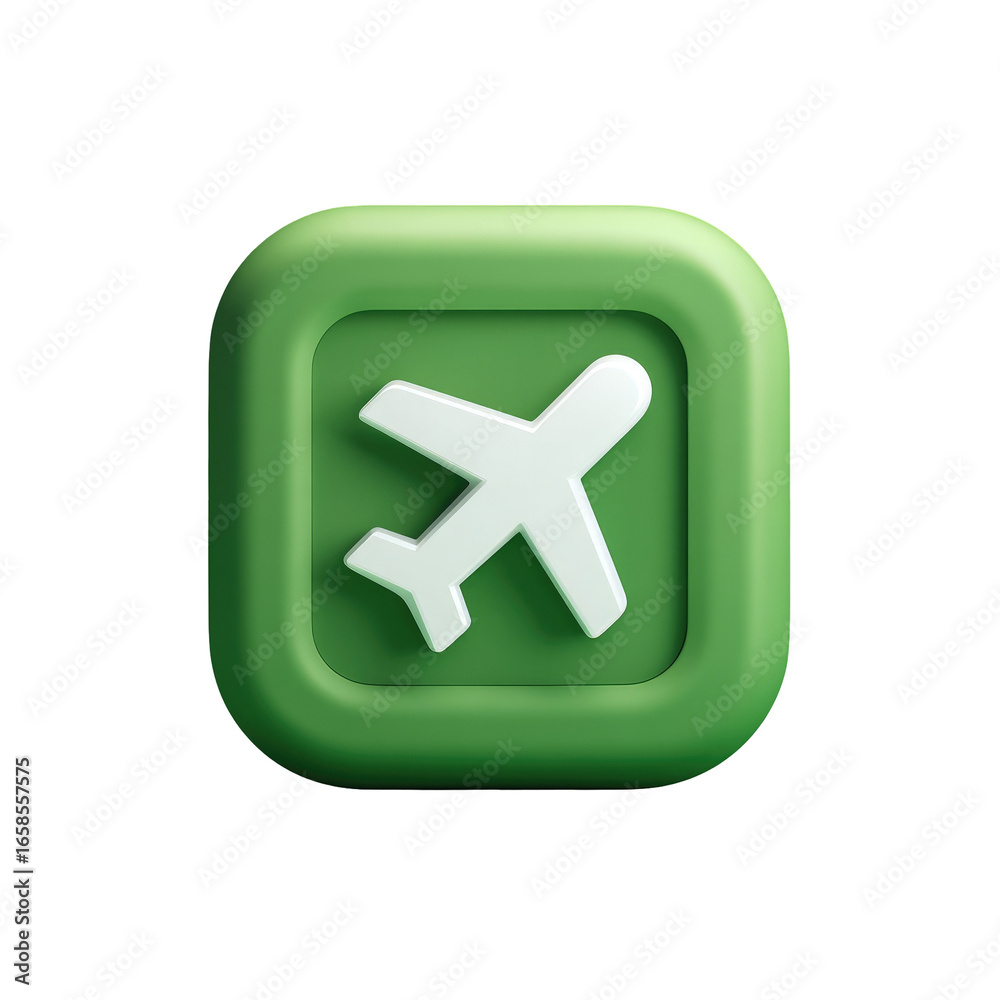 Obraz premium A light green square button with a white airplane icon. The button has a slightly raised, 3D effect