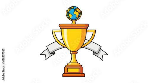 Golden Global Trophy with White Banner Illustration