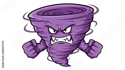 Angry Purple Tornado Cartoon Mascot with Clenched Fists