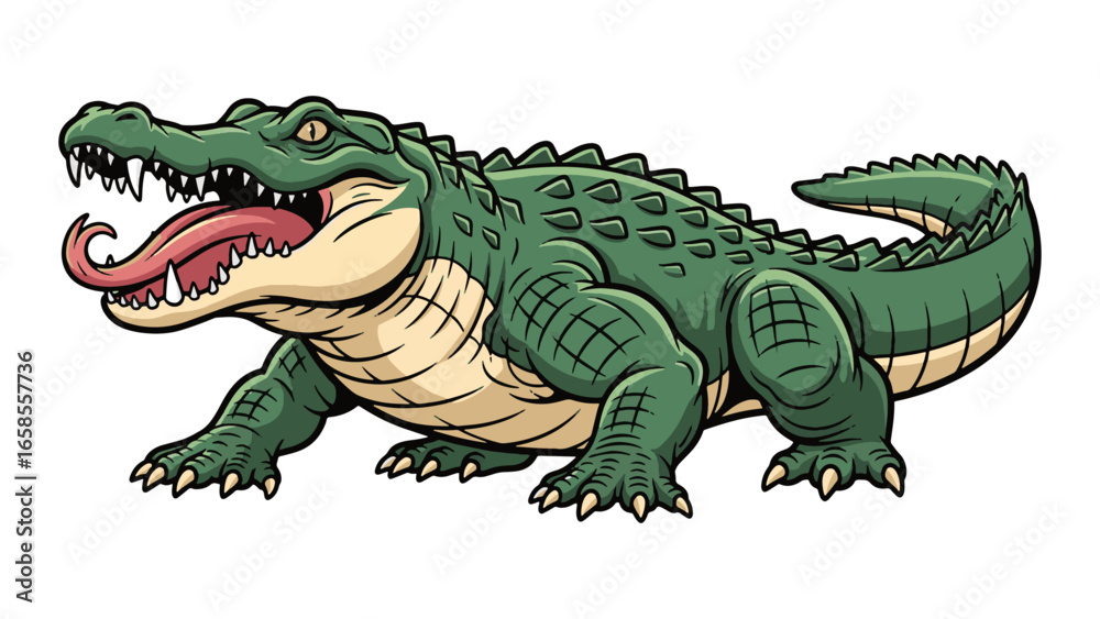 Obraz premium Cartoon Green Alligator with Open Mouth and Tongue Out