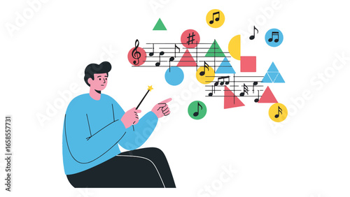 Illustration of a Music Conductor Creating with a Magic Wand, Minimal Vector Style,