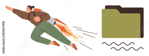 Person with jetpack flying toward green folder and abstract lines, symbolizing progress, organization, efficiency, workflow improvement, document management, future technology, simple flat metaphor