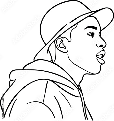 Young Man Wearing Hat and Hoodie Side Profile Minimalist Line Art Portrait Vector Illustration 