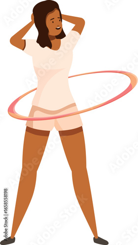 Happy girl doing hula hoop exercise, hands on head, isolated on white background