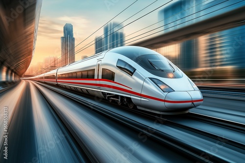 Wallpaper Mural Modern white and red high-speed train in dynamic motion against city skyline with light trails and speed lines, illustrating technology-driven transportation Torontodigital.ca