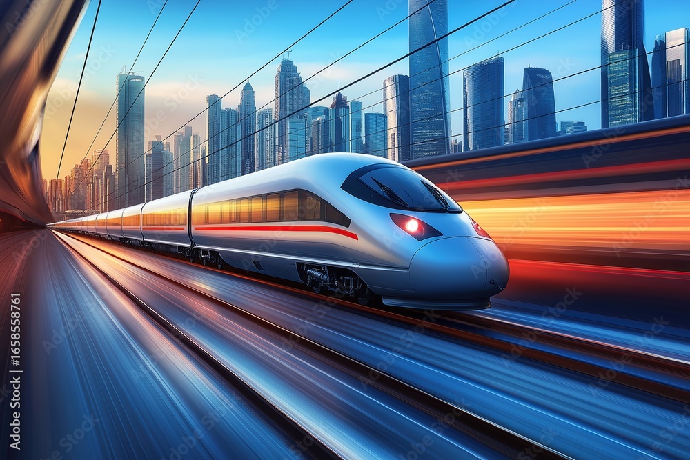 Fototapeta premium Modern high-speed train in motion against sunset city skyline with skyscrapers, showcasing futuristic rail transportation technology
