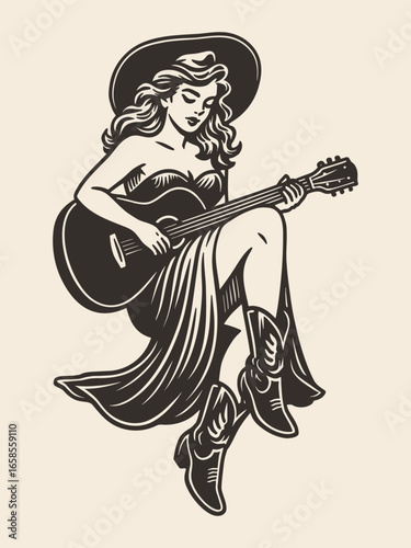 Cowgirl playing guitar engraving style black on white vector illustration