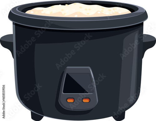 Black multicooker machine preparing delicious rice, perfect for a quick and easy meal