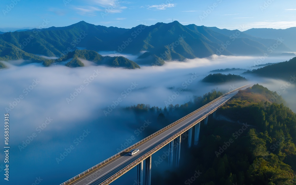 Obraz premium Majestic mountain highway bridge spanning misty valley with car crossing, surrounded by lush green peaks floating above clouds under blue sky, showcasing nature's grandeur and tranquility