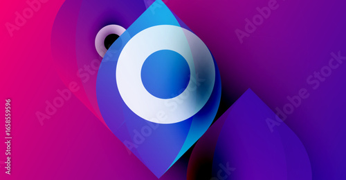 Abstract design features vibrant purple, blue hues. Circular element dominates composition, creating dynamic visual impact. Modern, fluid shapes present.