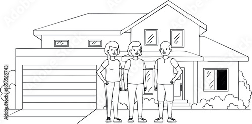 Family standing in front of house line art illustration with garage and bushes vector 