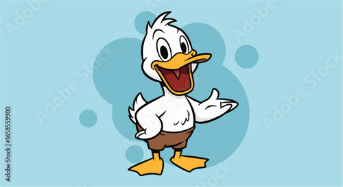 Cheerful Cartoon Duck Character in Brown Shorts on a Plain Blue Background