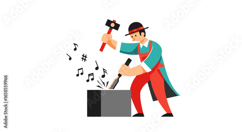 Man Crafting Music Notes with Hammer and Chisel on White Background