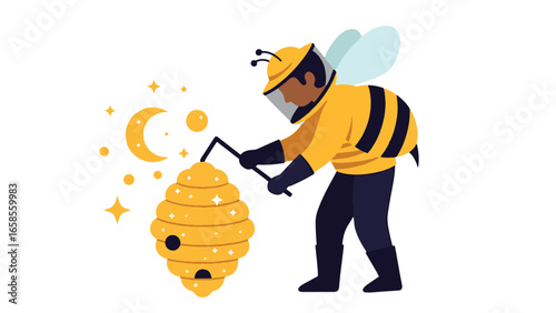 Dreamy Beekeeper with Enchanted Hive at Night