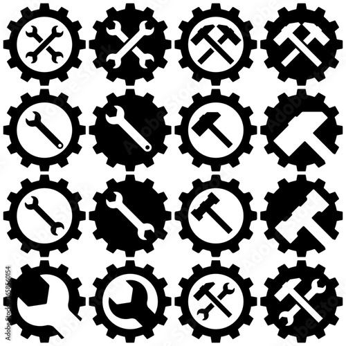 Icon set of isolated gears combined with wrenches and hammers, including crossed variants. Vector icons for maintenance, service, repair, restoration, building, construction, settings. 