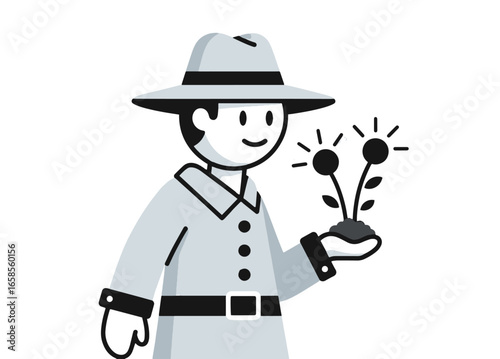 Man in a trench coat and fedora holding a plant with contrasting ideas of light and dark
