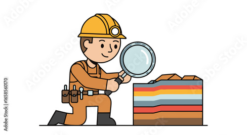 Cartoon geologist examining layered geological strata with a magnifying glass