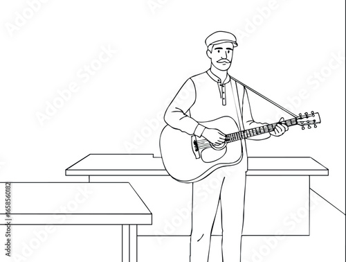 Male musician playing acoustic guitar on stage vector illustration simple line art 