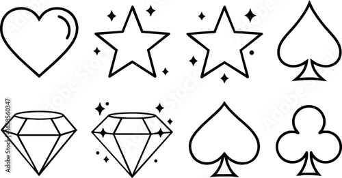 Playing card suits and sparkling diamond icons vector line art simple design 