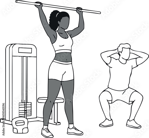 Woman and man exercising with barbell and squat workout in fitness gym vector illustration 
