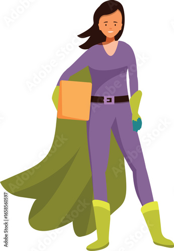 Superhero woman wearing a cape and holding a parcel, offering fast and reliable express delivery service