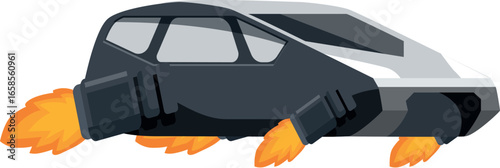Futuristic flying car is soaring through the air, propelled by powerful rocket engines, showcasing innovative transportation technology