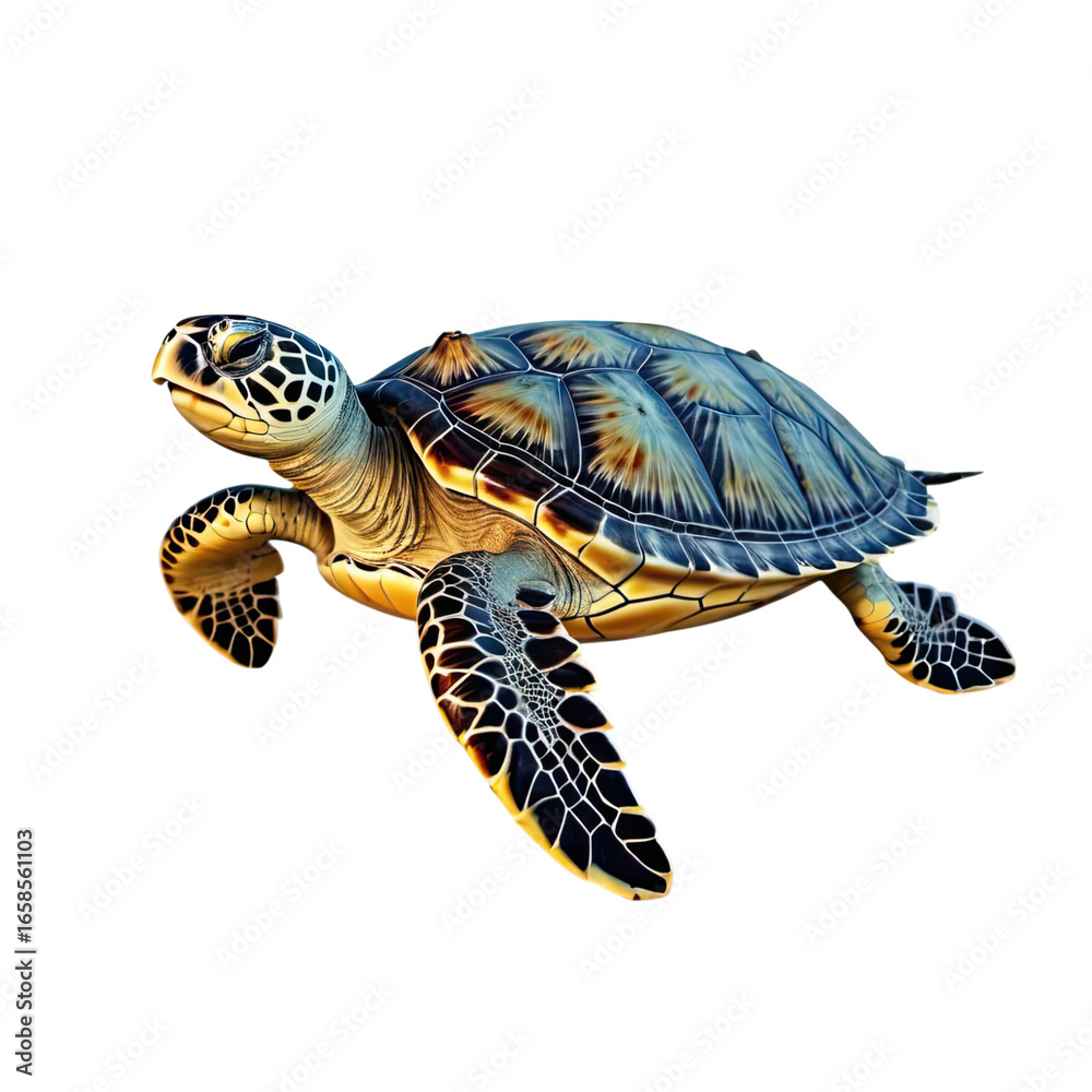 Fototapeta premium Colorful sea turtle swimming gracefully in clear ocean waters showcasing vibrant patterns and details of its shell