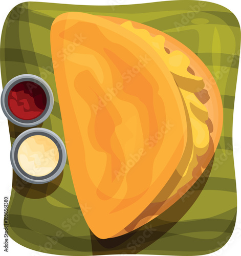 Savory empanada served on a banana leaf with two dipping sauces, creating a vibrant culinary scene
