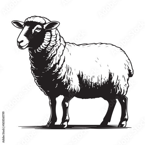 Vector art of a detailed black and white illustration of a sheep standing on a, showcasing its woolly coat and distinctive features