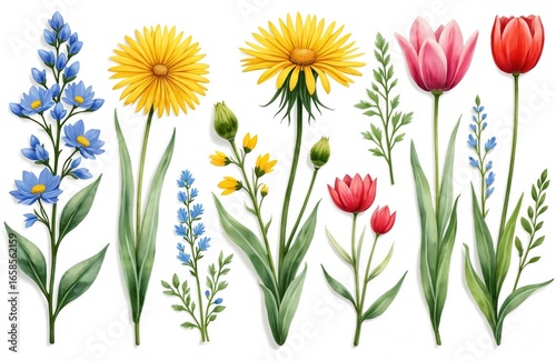 Collection of watercolor summer wildflowers including dandelion, cornflower, clover, tulip. Hand-painted illustrations on white background depict vibrant flora, perfect for floral designs, wedding