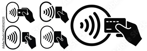 Set of six contactless payment icons with hands and credit cards vector illustration