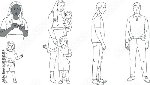 Diverse family members standing and interacting in casual poses vector illustration 
